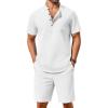 COOFANDY Men’s 2 Piece Cotton Linen Sets Summer Beach Outfits Casual Short Sleeve Henley Shirts and Vacation Shorts(All White)