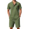 COOFANDY Men’s 2 Piece Cotton Linen Sets Summer Beach Outfits Casual Short Sleeve Henley Shirts and Vacation Shorts(Army Green)