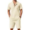 COOFANDY Men’s 2 Piece Cotton Linen Sets Summer Beach Outfits Casual Short Sleeve Henley Shirts and Vacation Shorts(Beige)