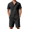 COOFANDY Men’s 2 Piece Cotton Linen Sets Summer Beach Outfits Casual Short Sleeve Henley Shirts and Vacation Shorts(Black)