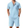 COOFANDY Men’s 2 Piece Cotton Linen Sets Summer Beach Outfits Casual Short Sleeve Henley Shirts and Vacation Shorts(Blue)