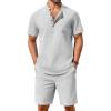 COOFANDY Men’s 2 Piece Cotton Linen Sets Summer Beach Outfits Casual Short Sleeve Henley Shirts and Vacation Shorts(Grey)