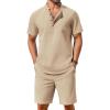 COOFANDY Men’s 2 Piece Cotton Linen Sets Summer Beach Outfits Casual Short Sleeve Henley Shirts and Vacation Shorts(Khaki)