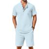 COOFANDY Men’s 2 Piece Cotton Linen Sets Summer Beach Outfits Casual Short Sleeve Henley Shirts and Vacation Shorts(Light Blue)