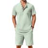 COOFANDY Men’s 2 Piece Cotton Linen Sets Summer Beach Outfits Casual Short Sleeve Henley Shirts and Vacation Shorts(Light Green)