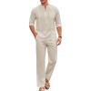 COOFANDY Men’s 2 Piece Cotton Sets Casual Long Sleeve Cuban Henley Shirt and Loose Pants Set Beach Vacation Outfits(Beige)