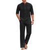 COOFANDY Men’s 2 Piece Cotton Sets Casual Long Sleeve Cuban Henley Shirt and Loose Pants Set Beach Vacation Outfits(Black)