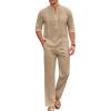 COOFANDY Men’s 2 Piece Cotton Sets Casual Long Sleeve Cuban Henley Shirt and Loose Pants Set Beach Vacation Outfits(Khaki)
