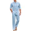COOFANDY Men’s 2 Piece Cotton Sets Casual Long Sleeve Cuban Henley Shirt and Loose Pants Set Beach Vacation Outfits(Light Blue)