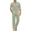 COOFANDY Men’s 2 Piece Cotton Sets Casual Long Sleeve Cuban Henley Shirt and Loose Pants Set Beach Vacation Outfits(Light Green)