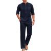 COOFANDY Men’s 2 Piece Cotton Sets Casual Long Sleeve Cuban Henley Shirt and Loose Pants Set Beach Vacation Outfits(Navy)
