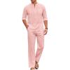 COOFANDY Men’s 2 Piece Cotton Sets Casual Long Sleeve Cuban Henley Shirt and Loose Pants Set Beach Vacation Outfits(Pink)