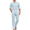 COOFANDY Men’s 2 Piece Cotton Sets Casual Long Sleeve Cuban Henley Shirt and Loose Pants Set Beach Vacation Outfits(Sky Blue)