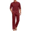 COOFANDY Men’s 2 Piece Cotton Sets Casual Long Sleeve Cuban Henley Shirt and Loose Pants Set Beach Vacation Outfits(Wine Red)