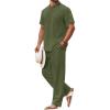 COOFANDY Men’s 2 Piece Cotton Sets Casual Short Sleeve Henley Shirts and Beach Pants with Pockets Summer Vacation Outfits(Army Green)
