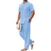 COOFANDY Men’s 2 Piece Cotton Sets Casual Short Sleeve Henley Shirts and Beach Pants with Pockets Summer Vacation Outfits(Blue)