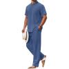 COOFANDY Men’s 2 Piece Cotton Sets Casual Short Sleeve Henley Shirts and Beach Pants with Pockets Summer Vacation Outfits(Denim Blue)