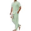 COOFANDY Men’s 2 Piece Cotton Sets Casual Short Sleeve Henley Shirts and Beach Pants with Pockets Summer Vacation Outfits(Green)