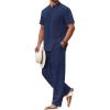 COOFANDY Men’s 2 Piece Cotton Sets Casual Short Sleeve Henley Shirts and Beach Pants with Pockets Summer Vacation Outfits(Navy Blue)