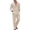 COOFANDY Men’s 2 Piece Linen Set Long Sleeve Henley Shirts Casual Beach Pants With Pockets Summer Yoga Outfits(Beige)