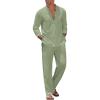 COOFANDY Men’s 2 Piece Linen Set Long Sleeve Henley Shirts Casual Beach Pants With Pockets Summer Yoga Outfits(Light Green)