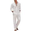 COOFANDY Men’s 2 Piece Linen Set Long Sleeve Henley Shirts Casual Beach Pants With Pockets Summer Yoga Outfits(White)
