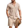 COOFANDY Men’s 2 Piece Outfit Vintage Short Sleeve Button Down Knit Polo Shirts Casual Beach Shorts Sets(01-light Khaki)