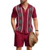 COOFANDY Men’s 2 Piece Outfit Vintage Short Sleeve Button Down Knit Polo Shirts Casual Beach Shorts Sets(Argyle-red)