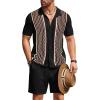COOFANDY Men’s 2 Piece Outfit Vintage Short Sleeve Button Down Knit Polo Shirts Casual Beach Shorts Sets(Black & Brown)
