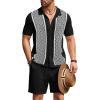 COOFANDY Men’s 2 Piece Outfit Vintage Short Sleeve Button Down Knit Polo Shirts Casual Beach Shorts Sets(Black)
