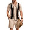 COOFANDY Men’s 2 Piece Outfit Vintage Short Sleeve Button Down Knit Polo Shirts Casual Beach Shorts Sets(Black Stripe)
