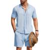 COOFANDY Men’s 2 Piece Outfit Vintage Short Sleeve Button Down Knit Polo Shirts Casual Beach Shorts Sets(Blue)