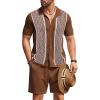 COOFANDY Men’s 2 Piece Outfit Vintage Short Sleeve Button Down Knit Polo Shirts Casual Beach Shorts Sets(Brown)