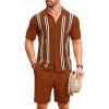 COOFANDY Men’s 2 Piece Outfit Vintage Short Sleeve Button Down Knit Polo Shirts Casual Beach Shorts Sets(Caramel)