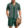 COOFANDY Men’s 2 Piece Outfit Vintage Short Sleeve Button Down Knit Polo Shirts Casual Beach Shorts Sets(Dark Green)
