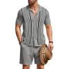 COOFANDY Men’s 2 Piece Outfit Vintage Short Sleeve Button Down Knit Polo Shirts Casual Beach Shorts Sets(Grey)