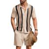 COOFANDY Men’s 2 Piece Outfit Vintage Short Sleeve Button Down Knit Polo Shirts Casual Beach Shorts Sets(Khaki & Black)