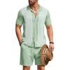 COOFANDY Men’s 2 Piece Outfit Vintage Short Sleeve Button Down Knit Polo Shirts Casual Beach Shorts Sets(Light Green)