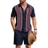 COOFANDY Men’s 2 Piece Outfit Vintage Short Sleeve Button Down Knit Polo Shirts Casual Beach Shorts Sets(Navy Blue)