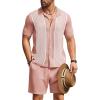 COOFANDY Men’s 2 Piece Outfit Vintage Short Sleeve Button Down Knit Polo Shirts Casual Beach Shorts Sets(Pink)