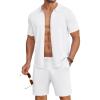 COOFANDY Men’s 2 Piece Outfit Vintage Short Sleeve Button Down Knit Polo Shirts Casual Beach Shorts Sets(White)