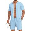 COOFANDY Men’s 2 Piece Outfits Sets Casual Short Sleeve Button Down Knit Shirt and Shorts Sets Summer Beach Outfits(Blue)