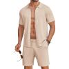 COOFANDY Men’s 2 Piece Outfits Sets Casual Short Sleeve Button Down Knit Shirt and Shorts Sets Summer Beach Outfits(Khaki)