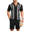COOFANDY Men’s 2 Piece Outfits Summer Short Sets Vintage Knit Button Down Shirt Short Sleeve Polo Casual Beach Suits(Black)