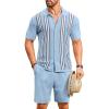 COOFANDY Men’s 2 Piece Outfits Summer Short Sets Vintage Knit Button Down Shirt Short Sleeve Polo Casual Beach Suits(Blue)