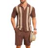 COOFANDY Men’s 2 Piece Outfits Summer Short Sets Vintage Knit Button Down Shirt Short Sleeve Polo Casual Beach Suits(Brown)
