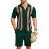 COOFANDY Men’s 2 Piece Outfits Summer Short Sets Vintage Knit Button Down Shirt Short Sleeve Polo Casual Beach Suits(Dark Green)