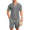 COOFANDY Men’s 2 Piece Outfits Summer Short Sets Vintage Knit Button Down Shirt Short Sleeve Polo Casual Beach Suits(Grey)