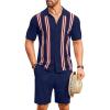 COOFANDY Men’s 2 Piece Outfits Summer Short Sets Vintage Knit Button Down Shirt Short Sleeve Polo Casual Beach Suits(Navy Blue)