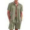 COOFANDY Men’s 2 Piece Short Set Cuban Guayabera Shirts Short Sleeve Casual Beach Outfits Set(Army Green)